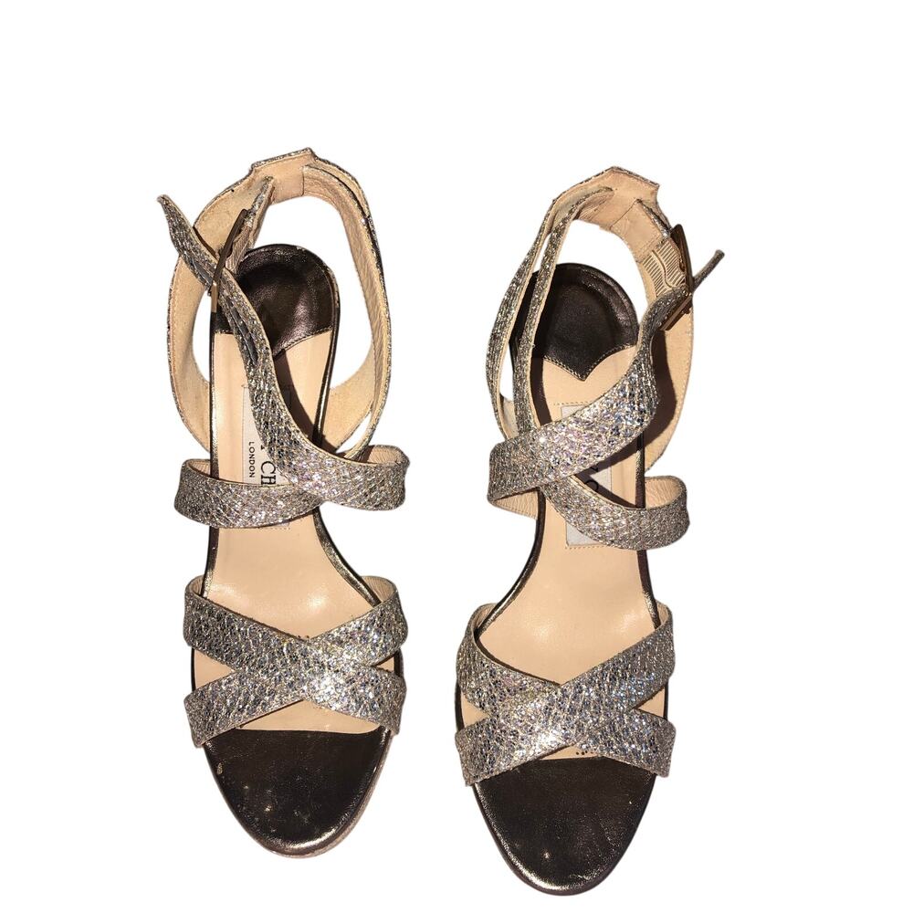 Jimmy Choo Vamp Champagne Glitter Platform Sandals Heel 37 US 7 Wedding Strappy
